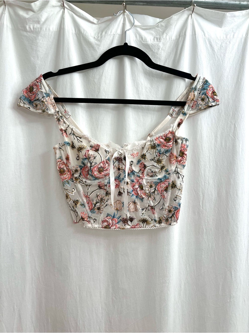 Victoria's Secret White Floral Off-Shoulder Crop Top with Pink & Blue Accents